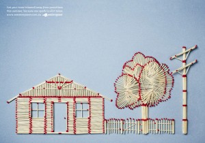 объекты из спичек: дом, дерево, забор, столб